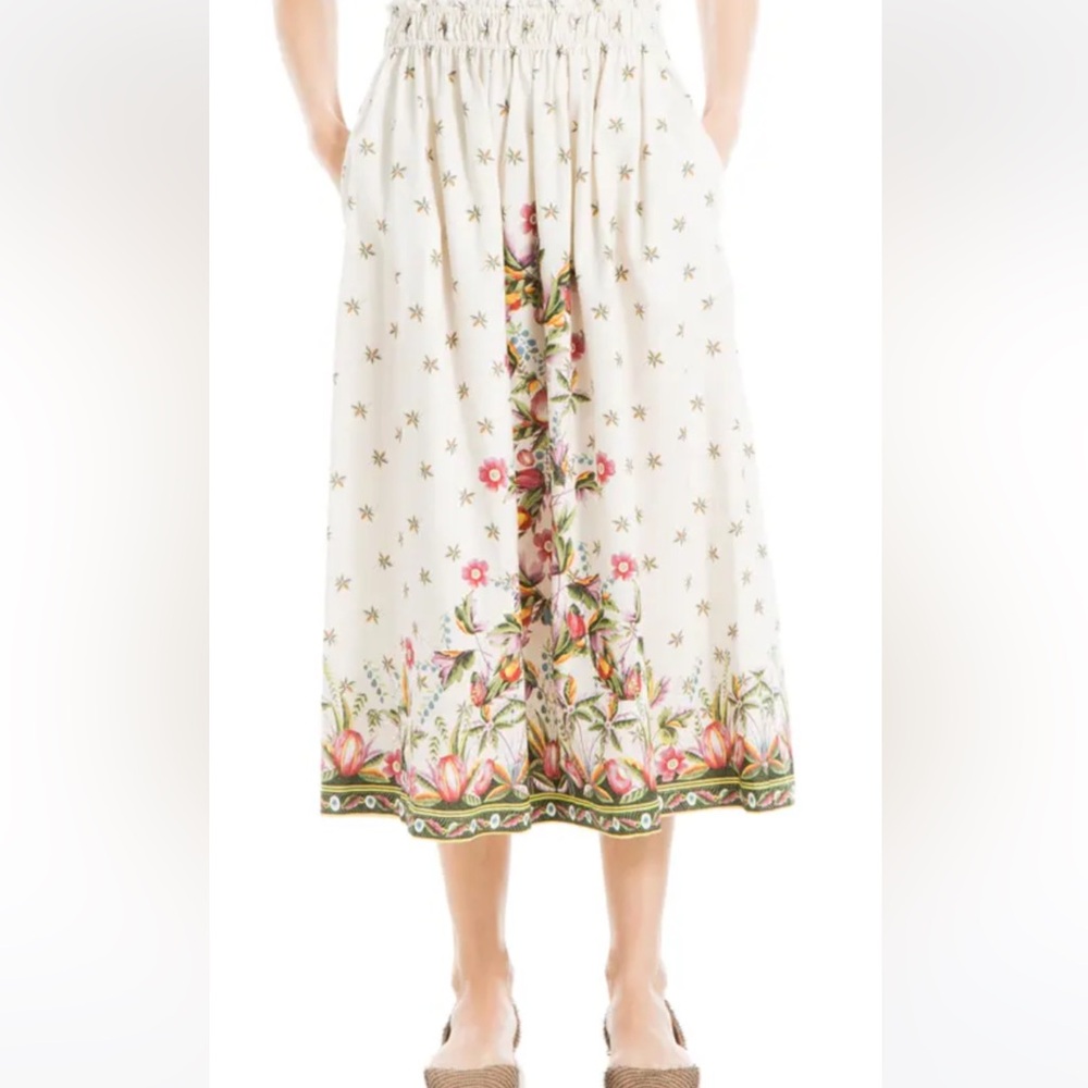 MAX STUDIO PRINT LINEN BLEND MIDI SKIRT IN ECRU